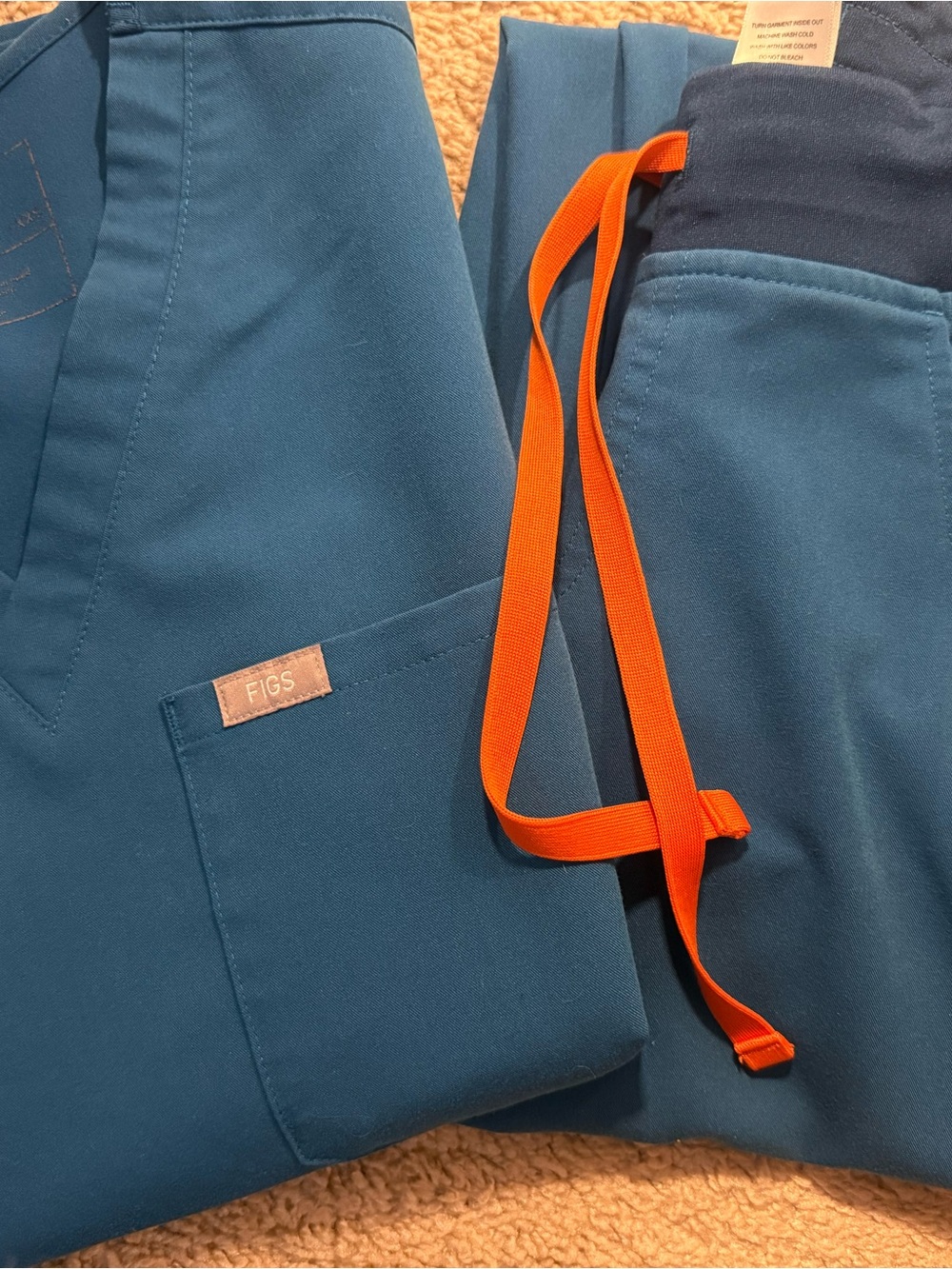 Figs Teal scrub top and Joggers with Orange Drawstring